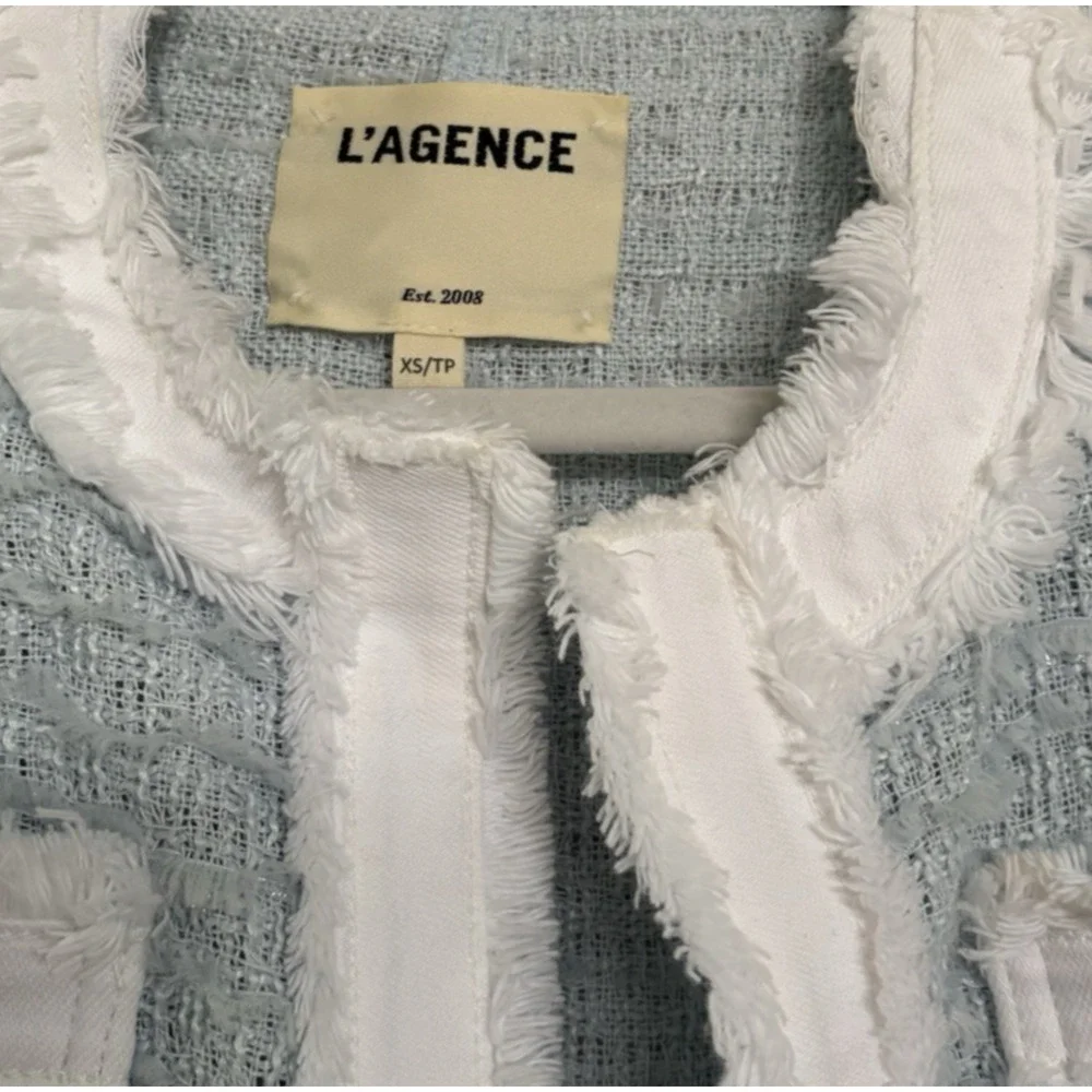 L'AGENCE Agnes Tweed Denim Jacket XS Ice Blue White $525 Quiet Luxury